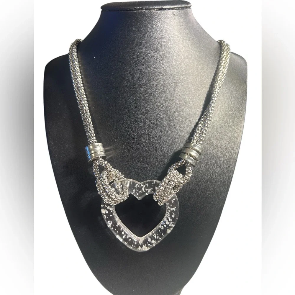 Paparazzi Sparkling Clear Acrylic Heart Pendant Necklace w/Silver Chain, NWT